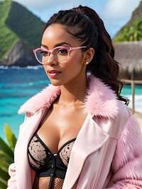 Brunette beauty with pink fur trimmed jacket struts on Petit St Vincent's beach